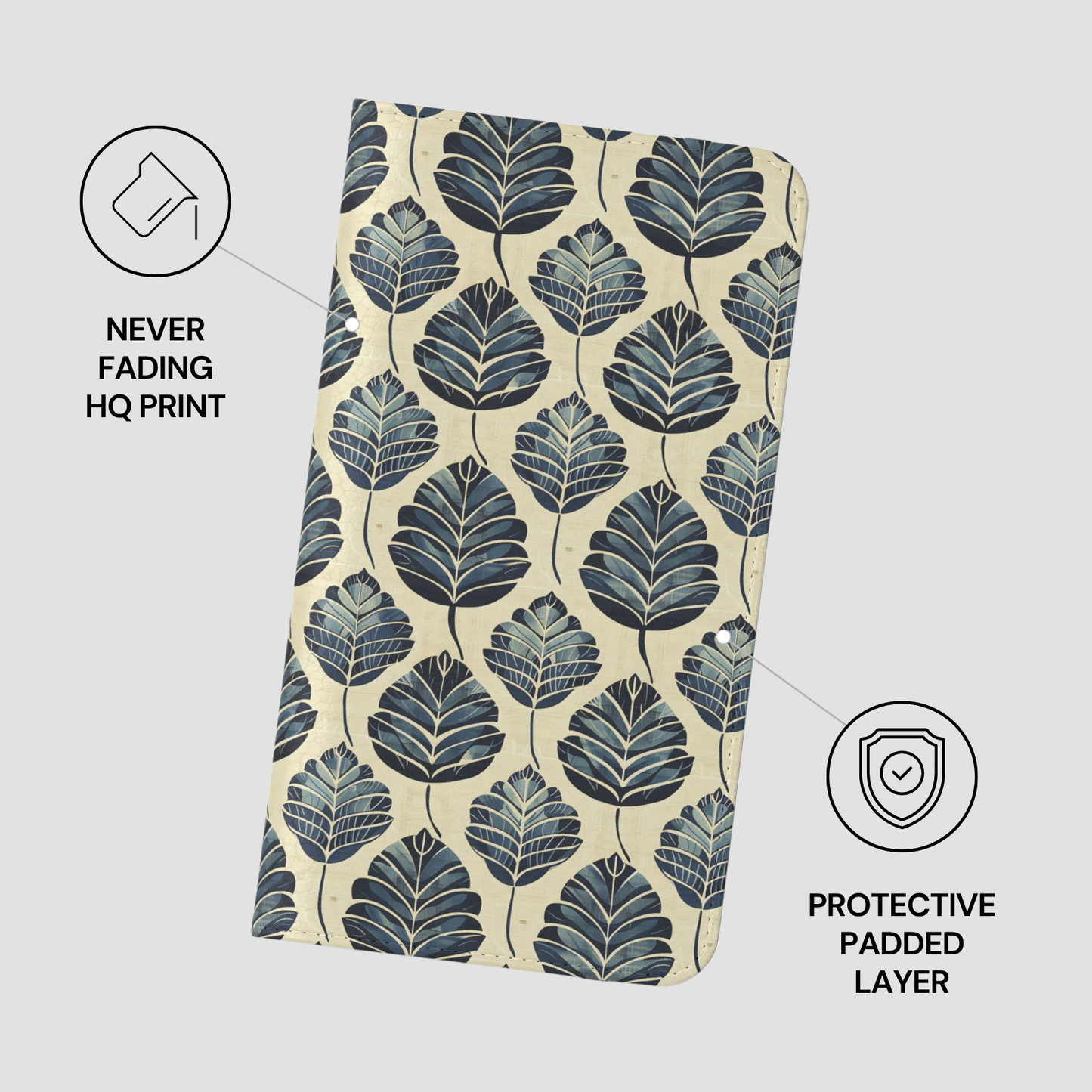 Folded fabric with leaf pattern on a light gray background