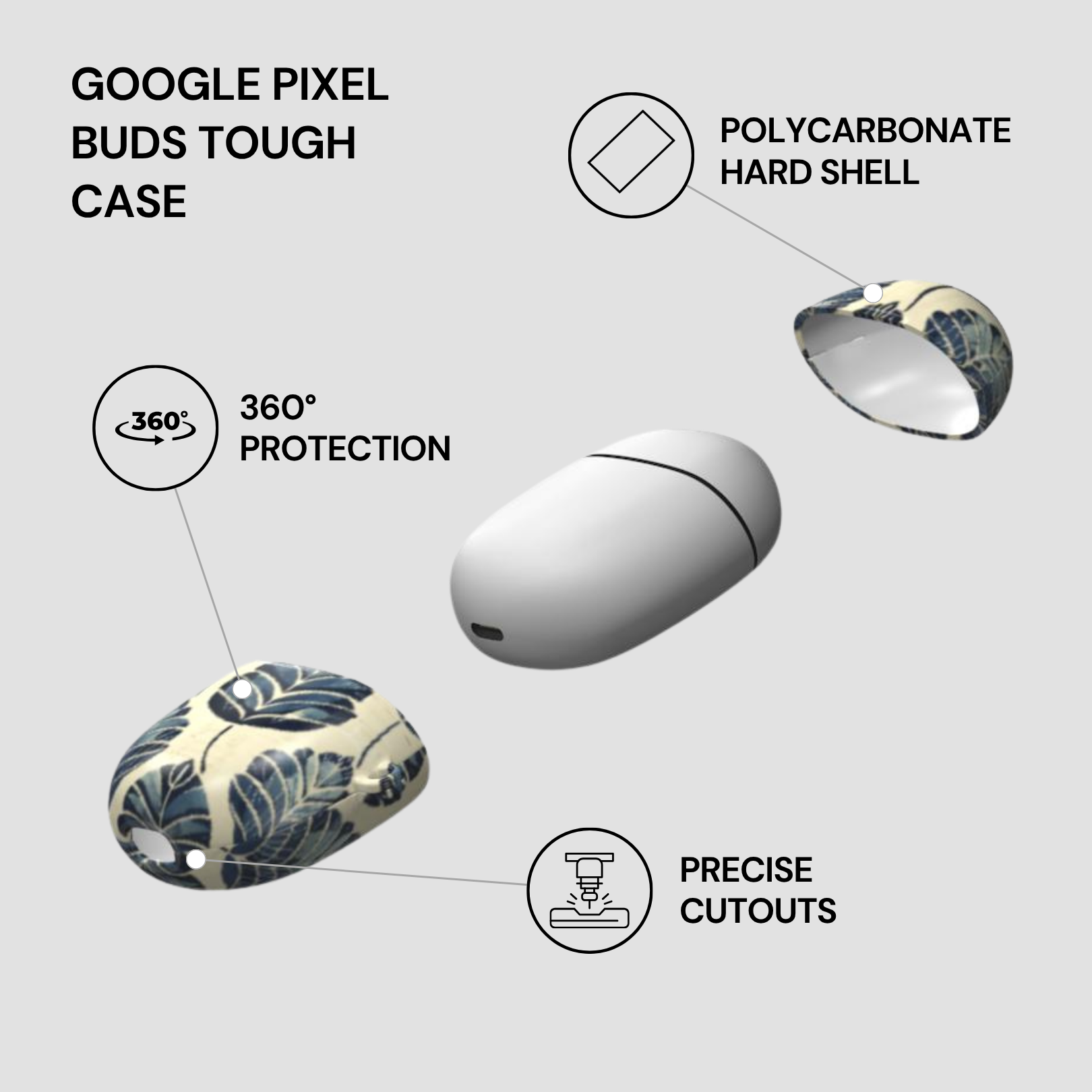 Google Pixel Buds Tough Case with features highlighted on a light gray background