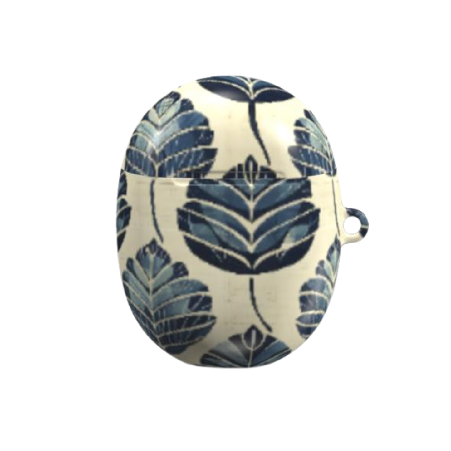 Ceramic jar with blue leaf pattern on a white background