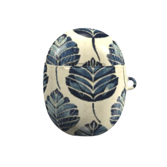 Ceramic jar with blue leaf pattern on a white background