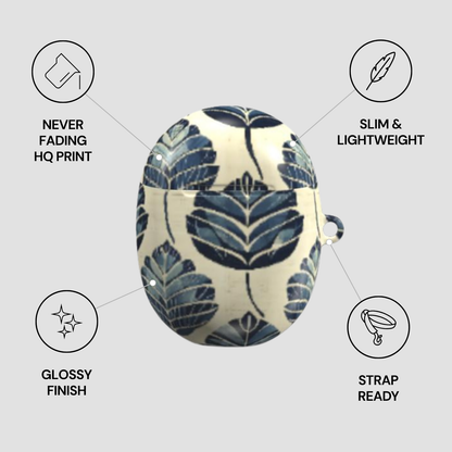 Blue leaf-patterned case with product features on a gray background