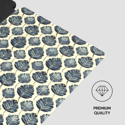 Patterned fabric with leaf design on a gray background, featuring a 'Premium Quality' label.
