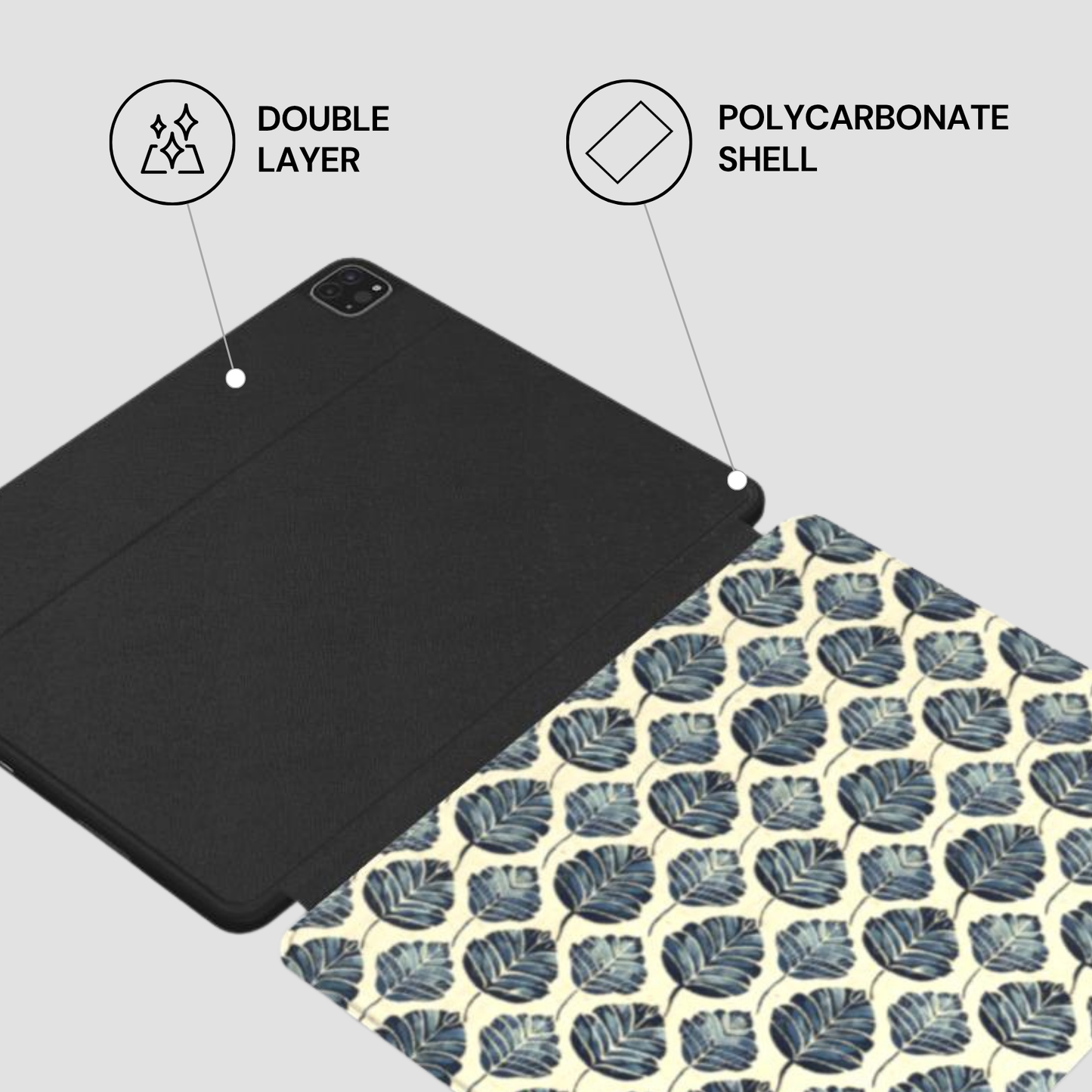 Black tablet case with polycarbonate shell and double layer feature on a leaf-patterned surface.