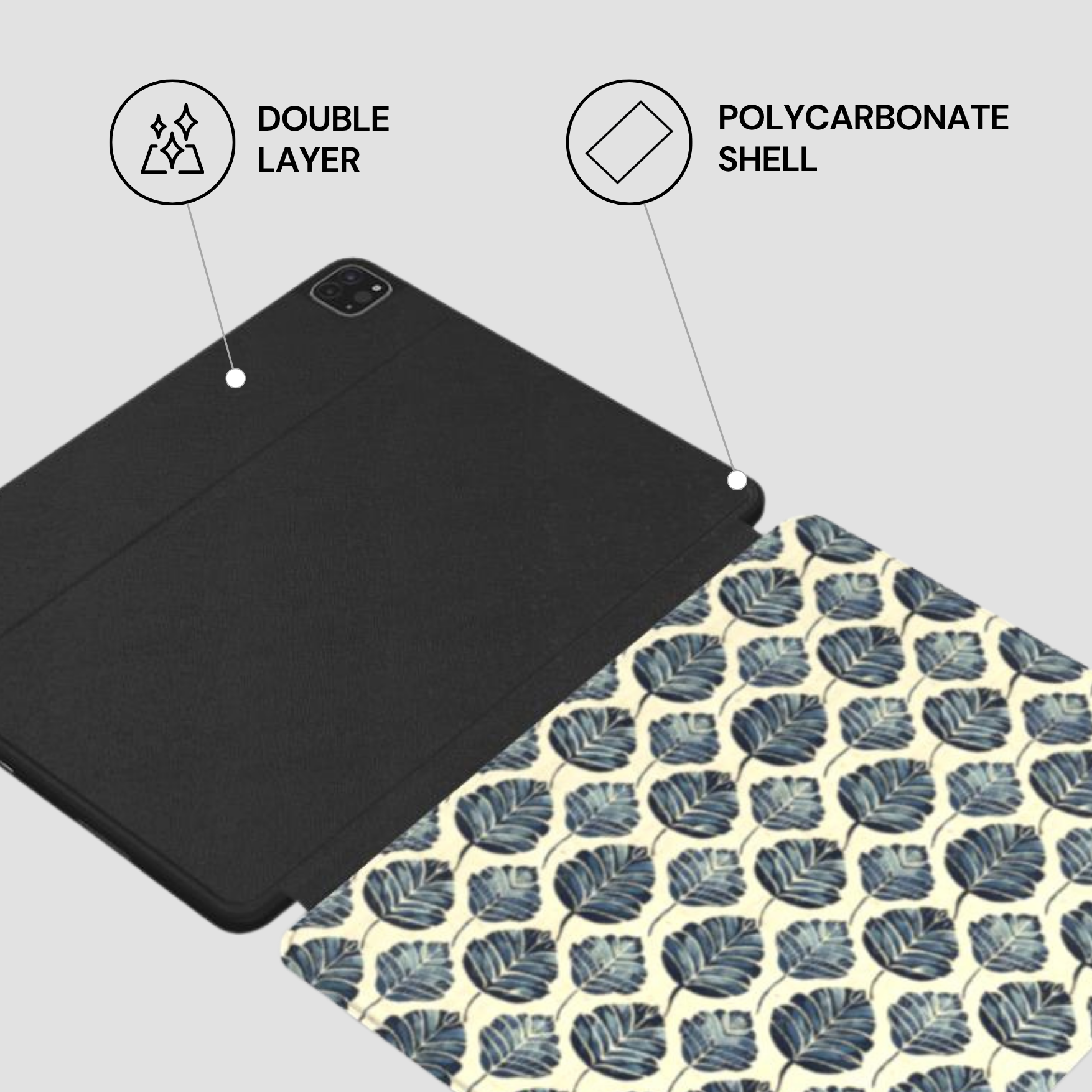 Black tablet case with polycarbonate shell and double layer feature on a leaf-patterned surface.
