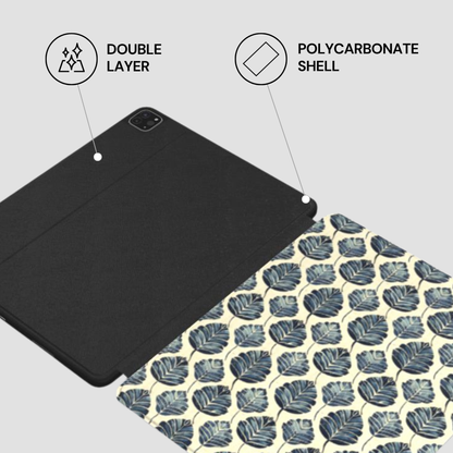 Black tablet case with polycarbonate shell and double layer feature on a leaf-patterned surface.
