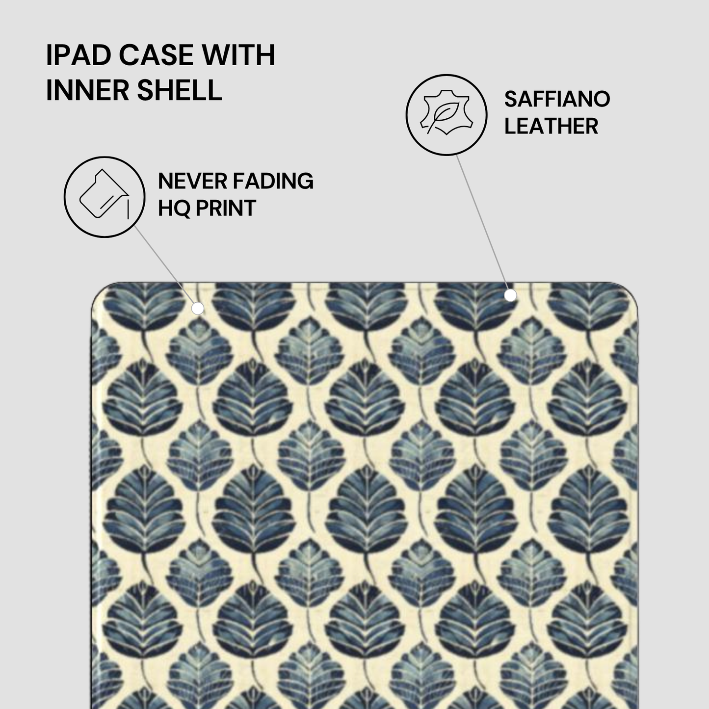 IPAD CASE WITH INNER SHELL featuring saffiano leather and leaf pattern design on a light gray background
