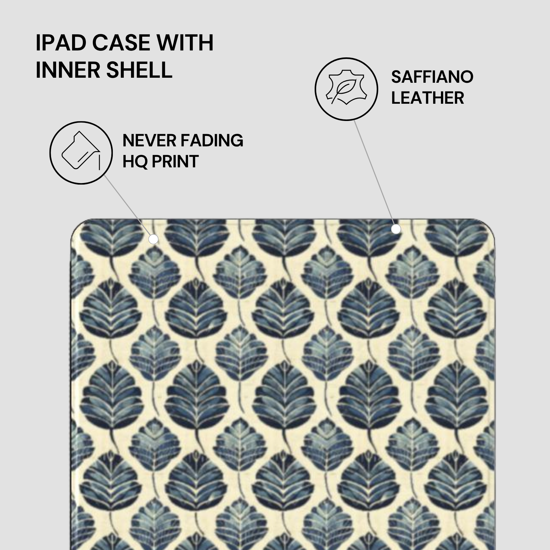 IPAD CASE WITH INNER SHELL featuring saffiano leather and leaf pattern design on a light gray background