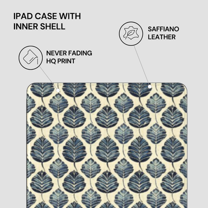 IPAD CASE WITH INNER SHELL featuring saffiano leather and leaf pattern design on a light gray background