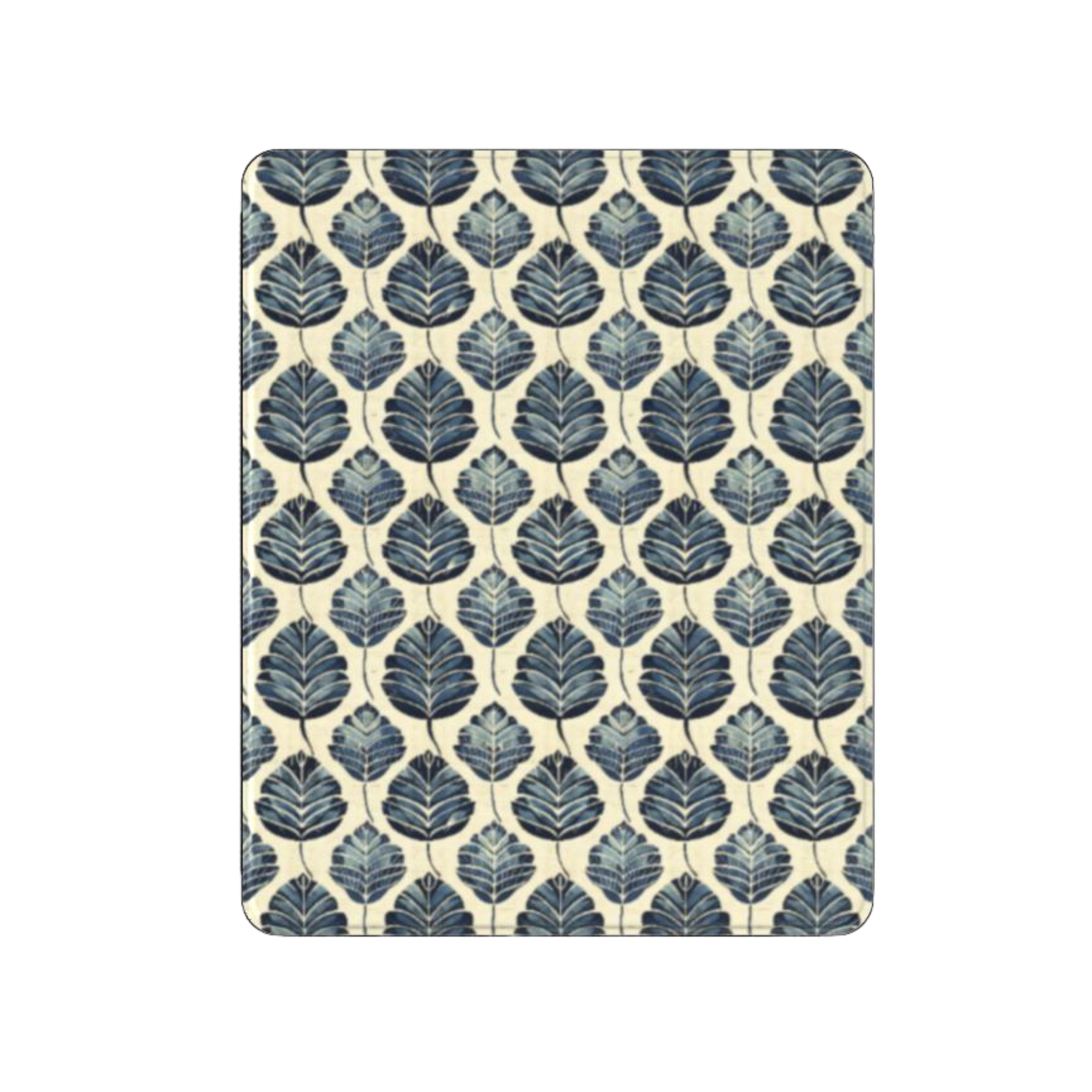Patterned mouse pad with blue leaf design on a beige background
