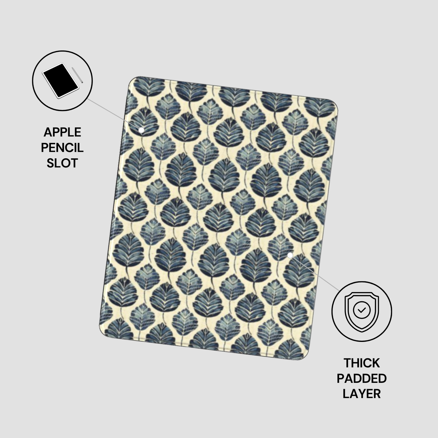 Patterned case with Apple Pencil slot and thick padded layer on a light gray background