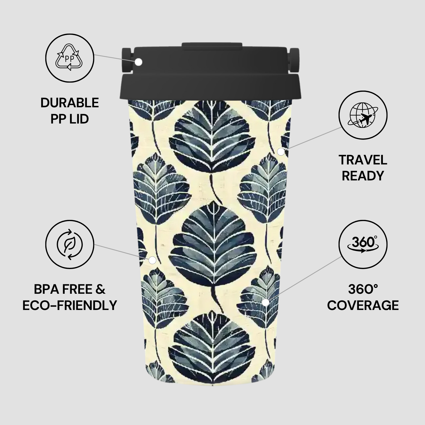 Tumbler with leaf pattern and features listed on a light gray background