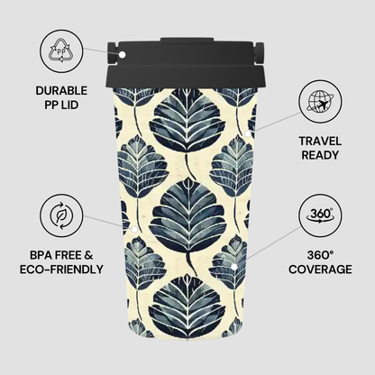 Tumbler with leaf pattern and features listed on a light gray background