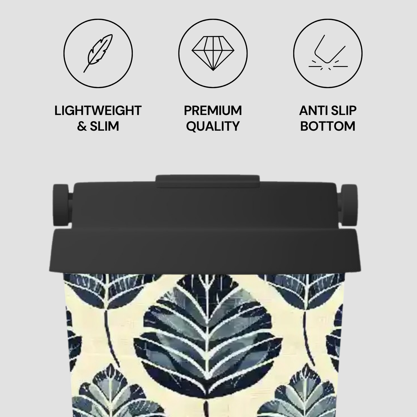 Product with leaf pattern and features listed on a light gray background