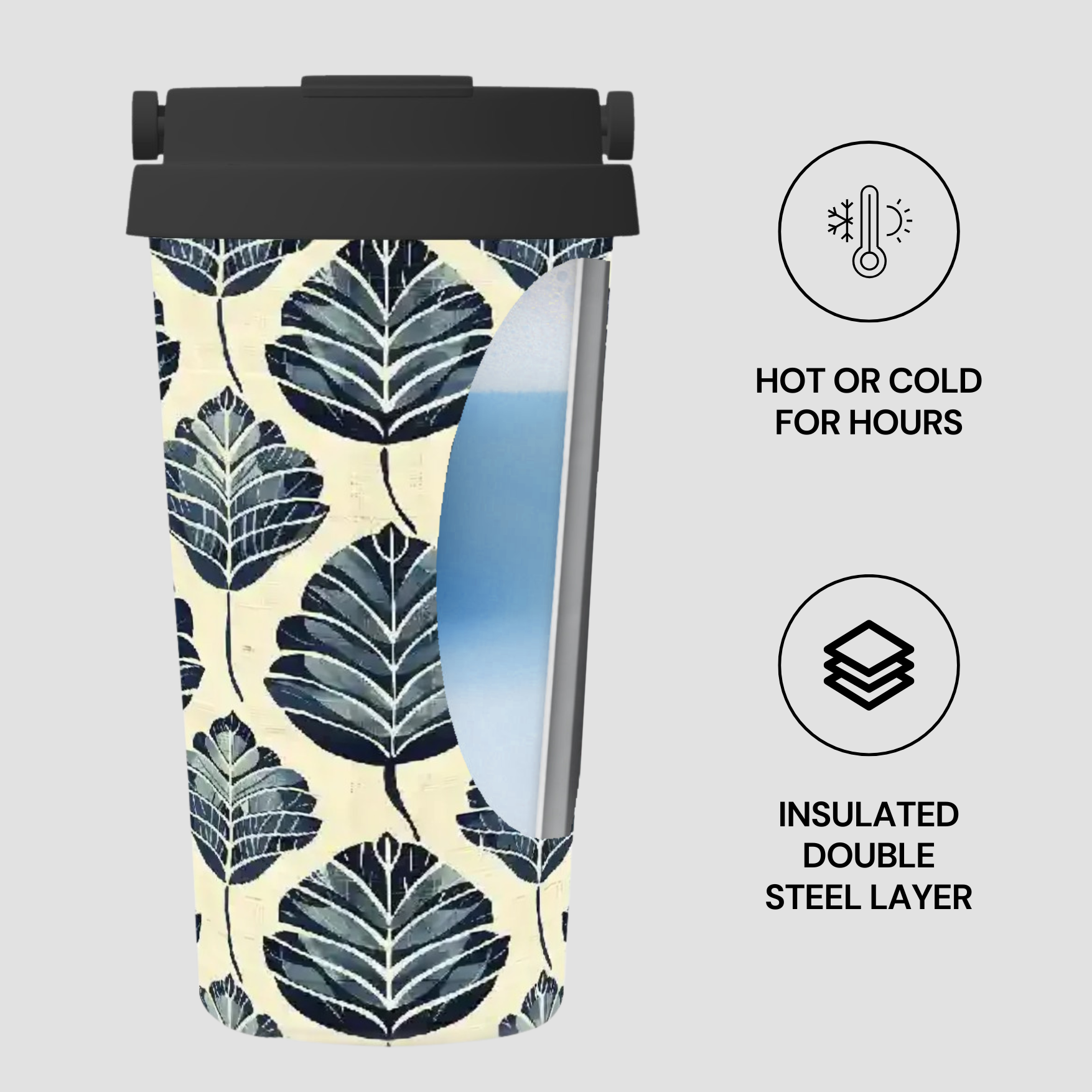 Insulated tumbler with leaf pattern on a light gray background