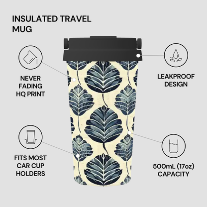 Insulated travel mug with leaf pattern and product features on a gray background