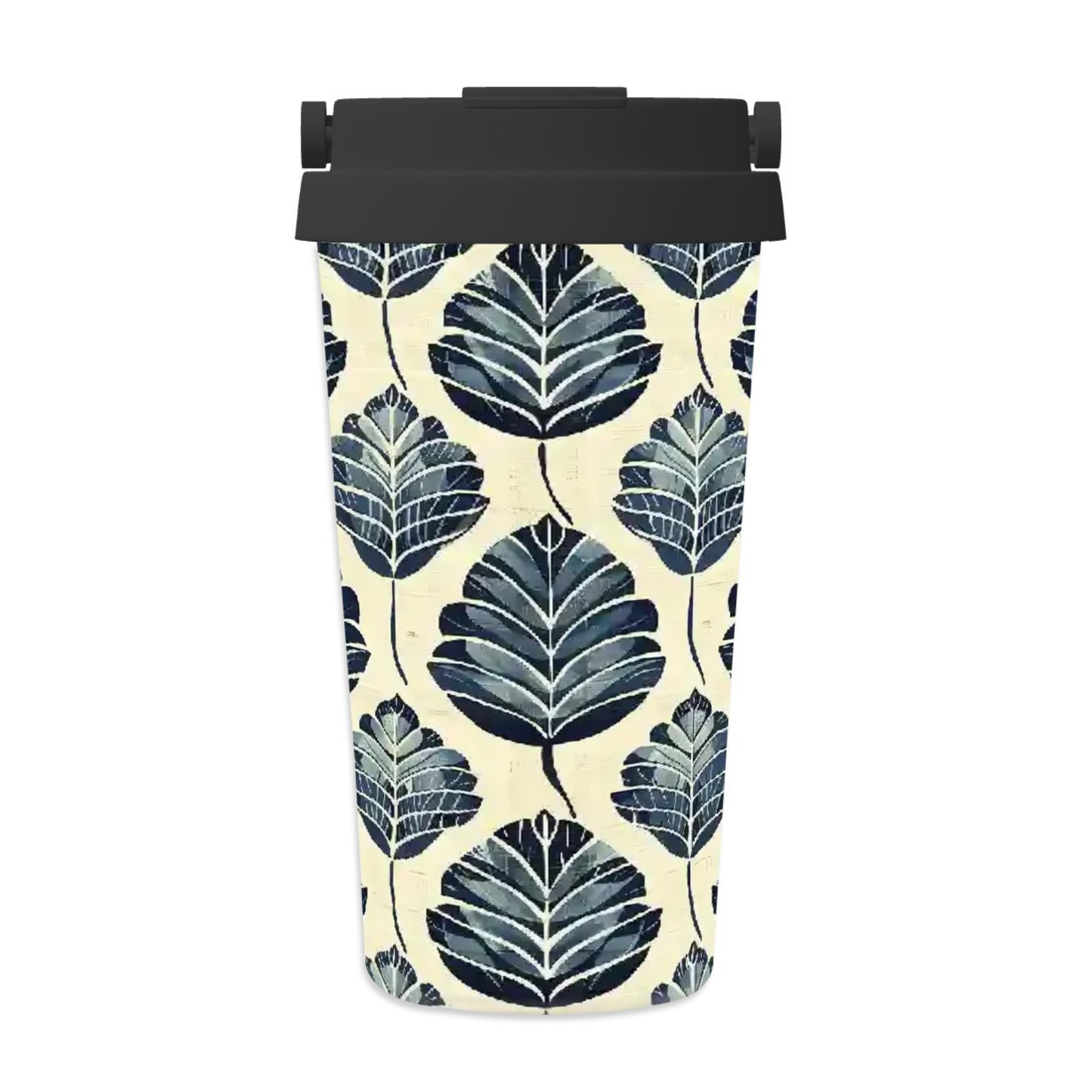 Tumbler with blue leaf pattern on a white background