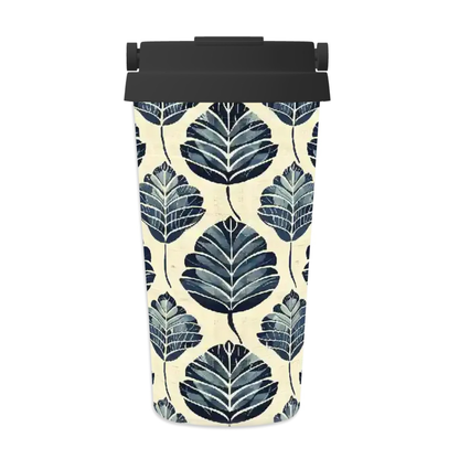 Tumbler with blue leaf pattern on a white background
