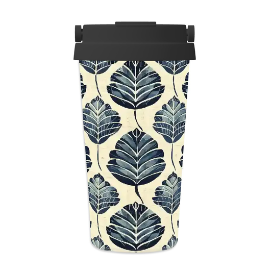 Tumbler with blue leaf pattern on a white background