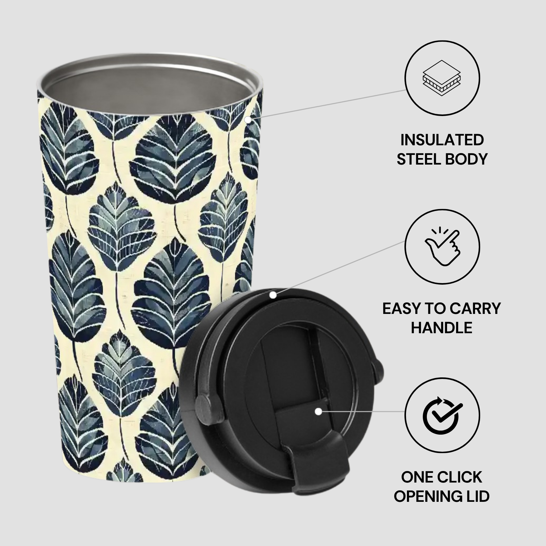 Tumbler with leaf pattern and black lid on a light gray background