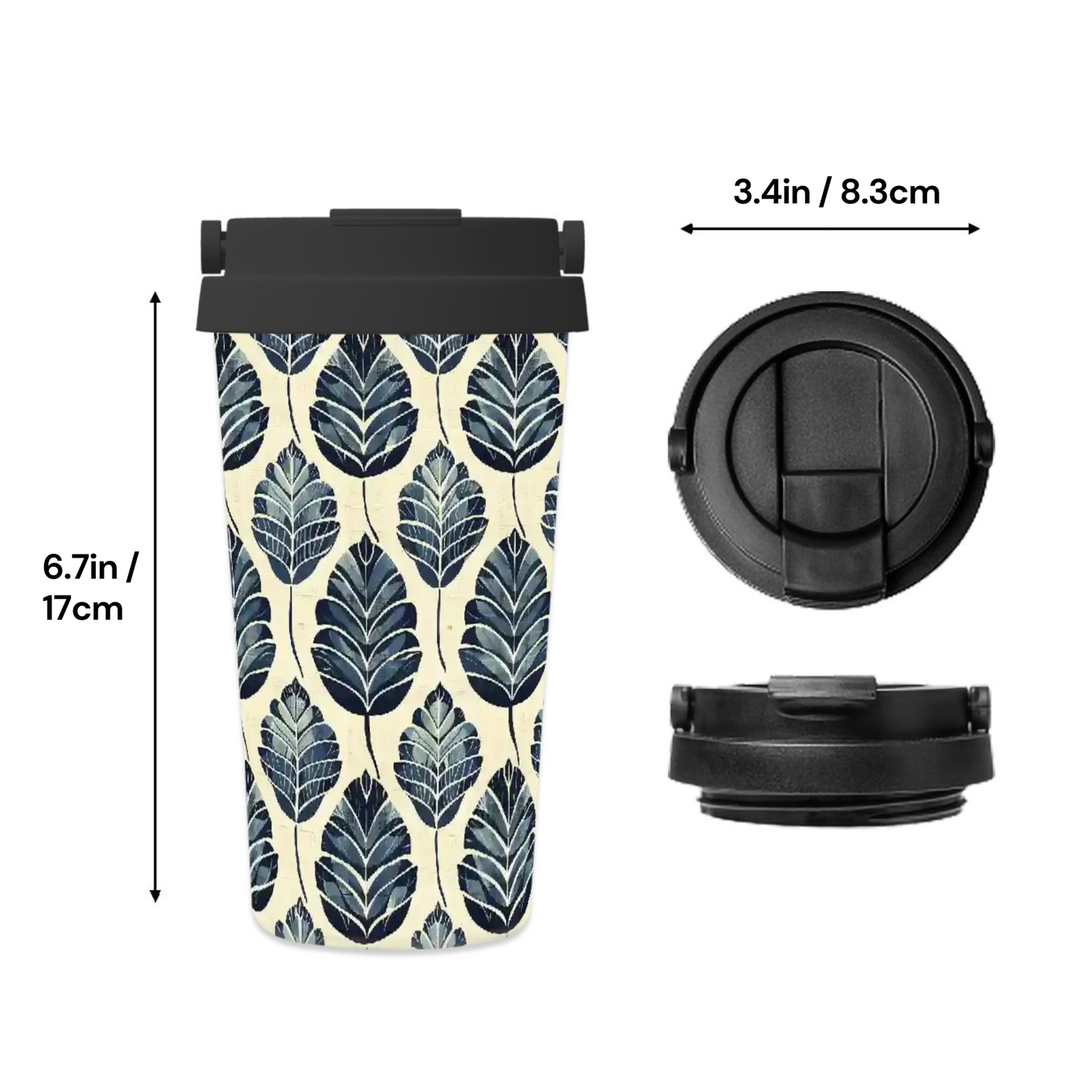 Travel mug with leaf pattern and black lid, shown with measurements on a white background