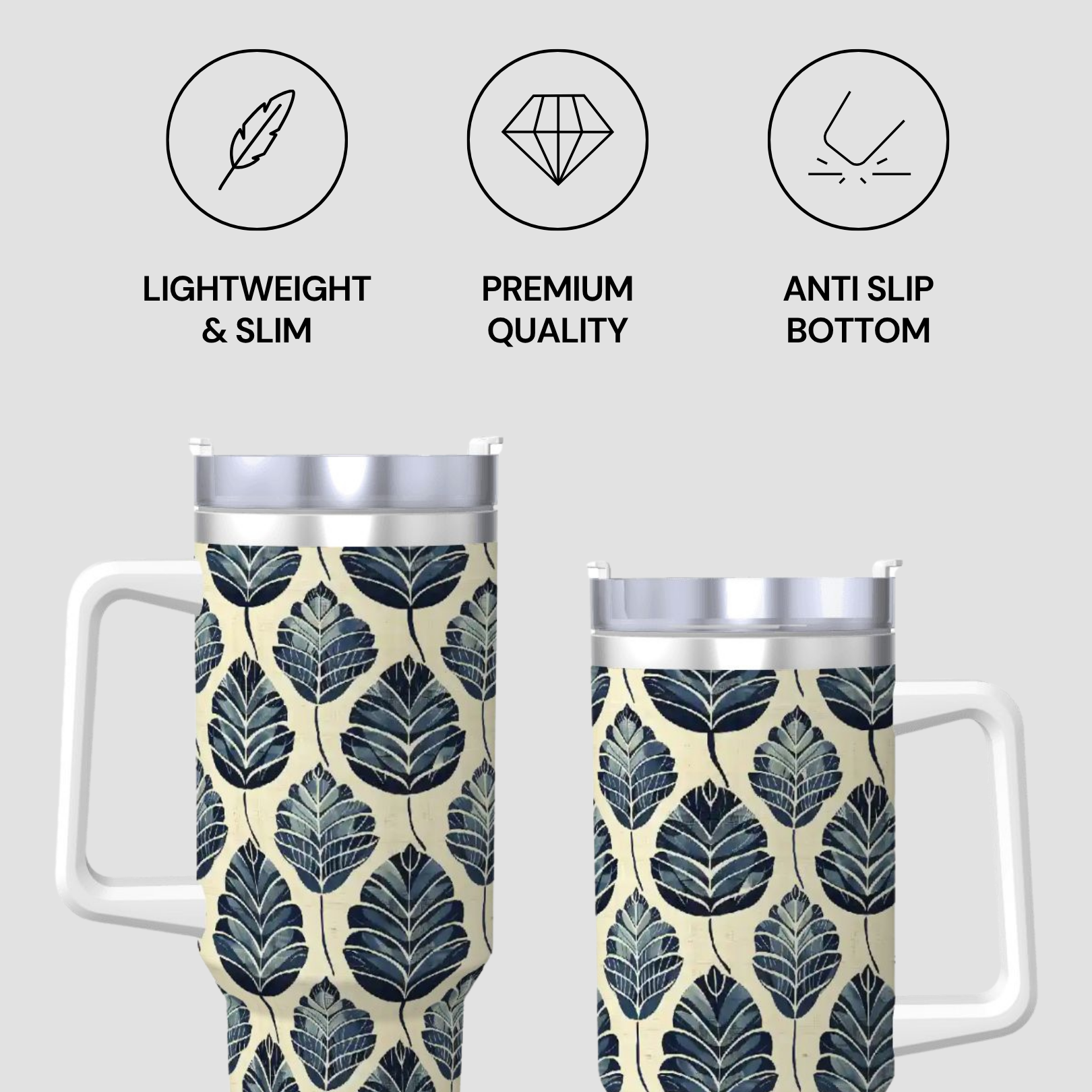 Two travel mugs with leaf pattern and text indicating features like lightweight, premium quality, and anti-slip bottom on a light gray background.