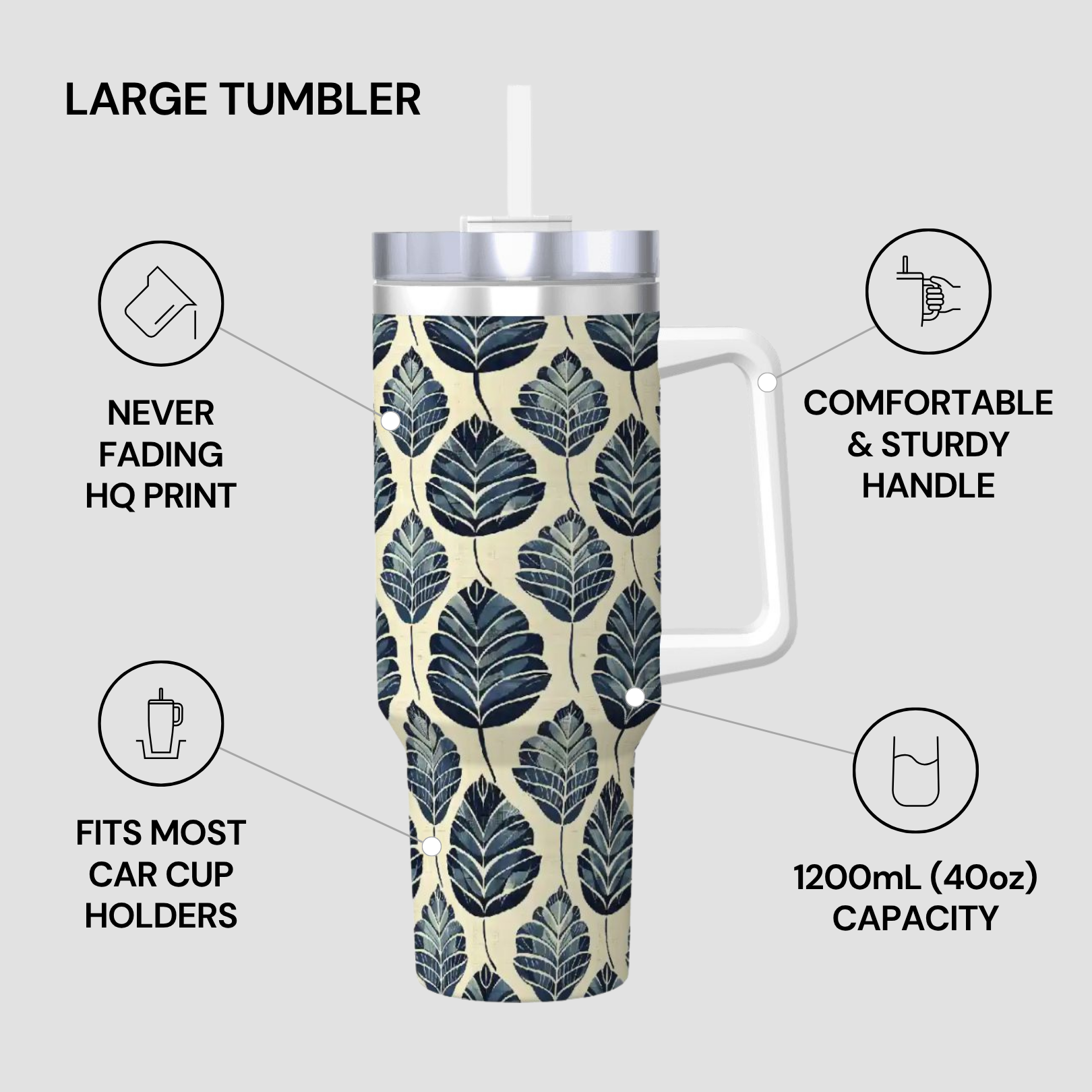 Large tumbler with leaf pattern and features listed on a gray background