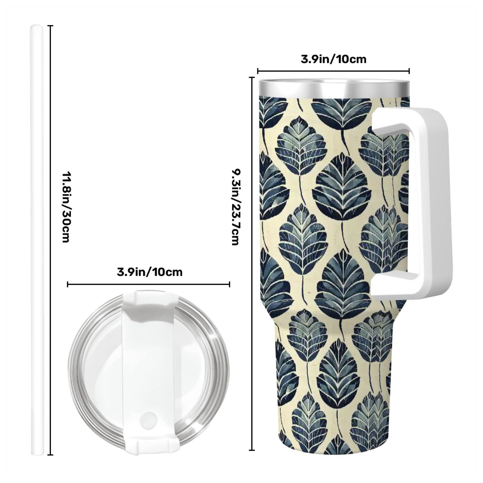 Stainless steel mug with leaf pattern and measurements on a white background