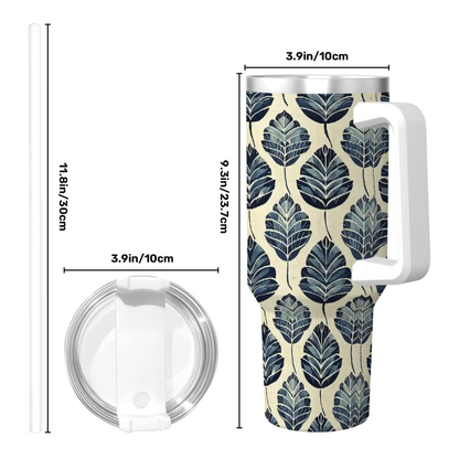 Stainless steel mug with leaf pattern and measurements on a white background
