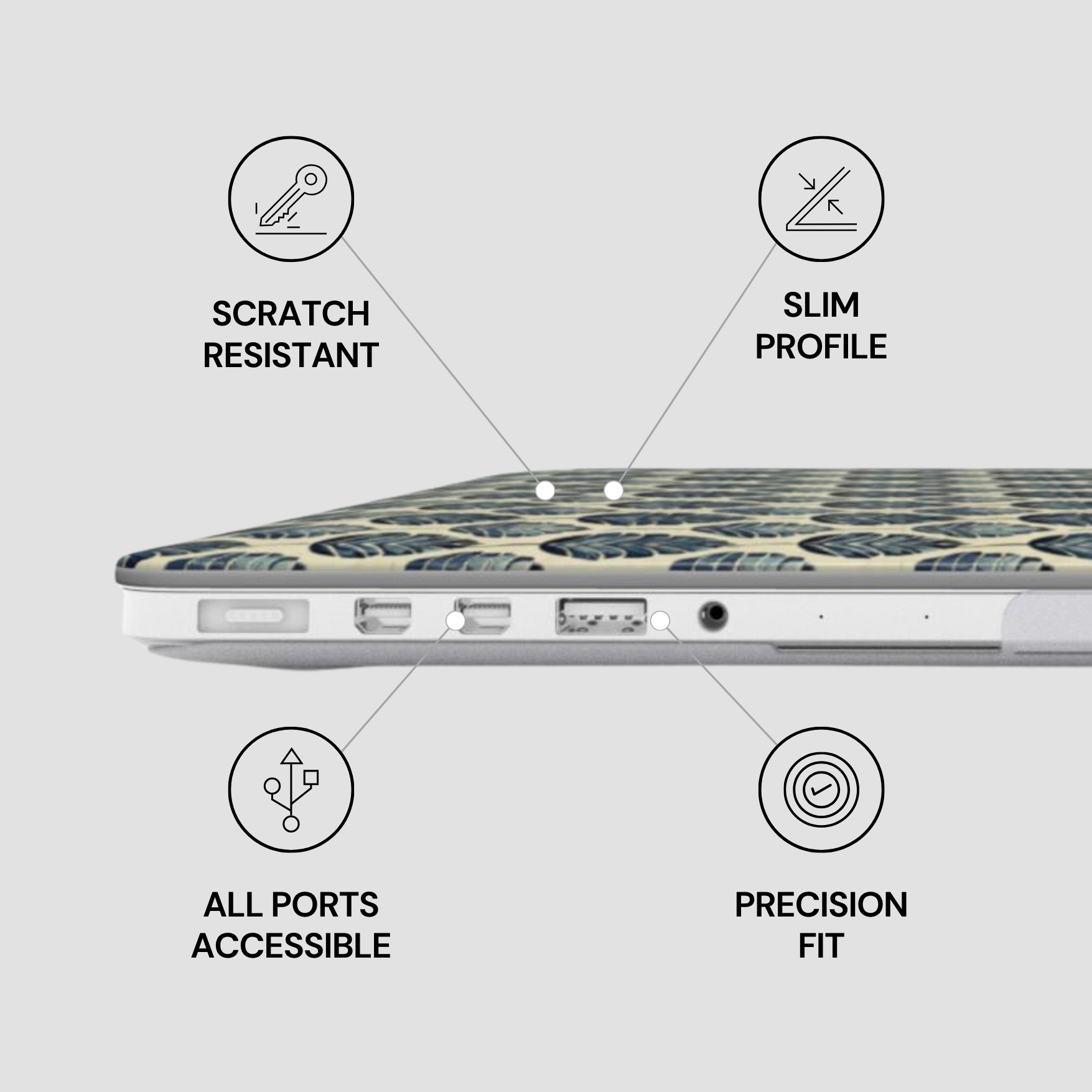 Laptop with features labeled 'Scratch Resistant', 'Slim Profile', 'All Ports Accessible', and 'Precision Fit' on a light gray background.