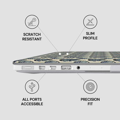 Laptop with features labeled 'Scratch Resistant', 'Slim Profile', 'All Ports Accessible', and 'Precision Fit' on a light gray background.