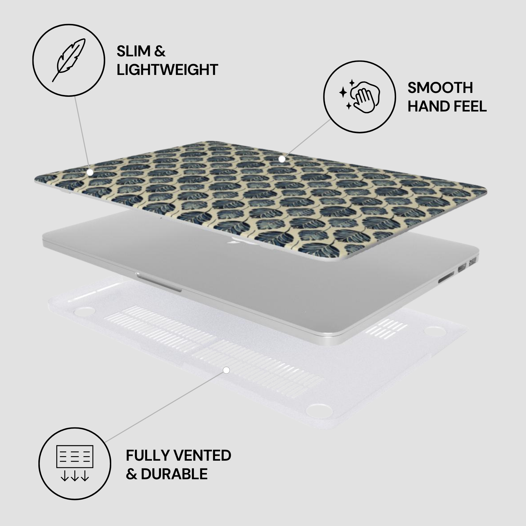 Laptop with a patterned skin on a white background, featuring icons and text about product features.