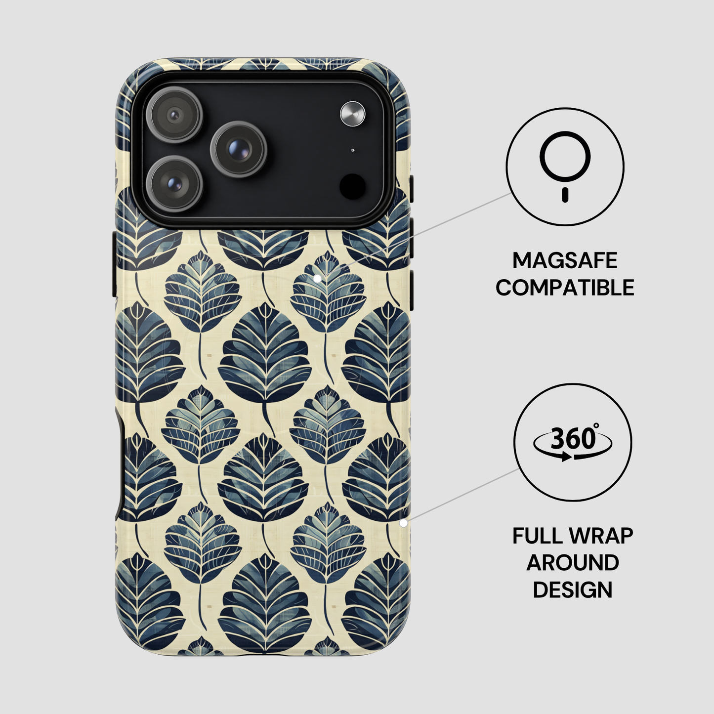 Phone case with leaf pattern and Magsafe compatibility on a light gray background