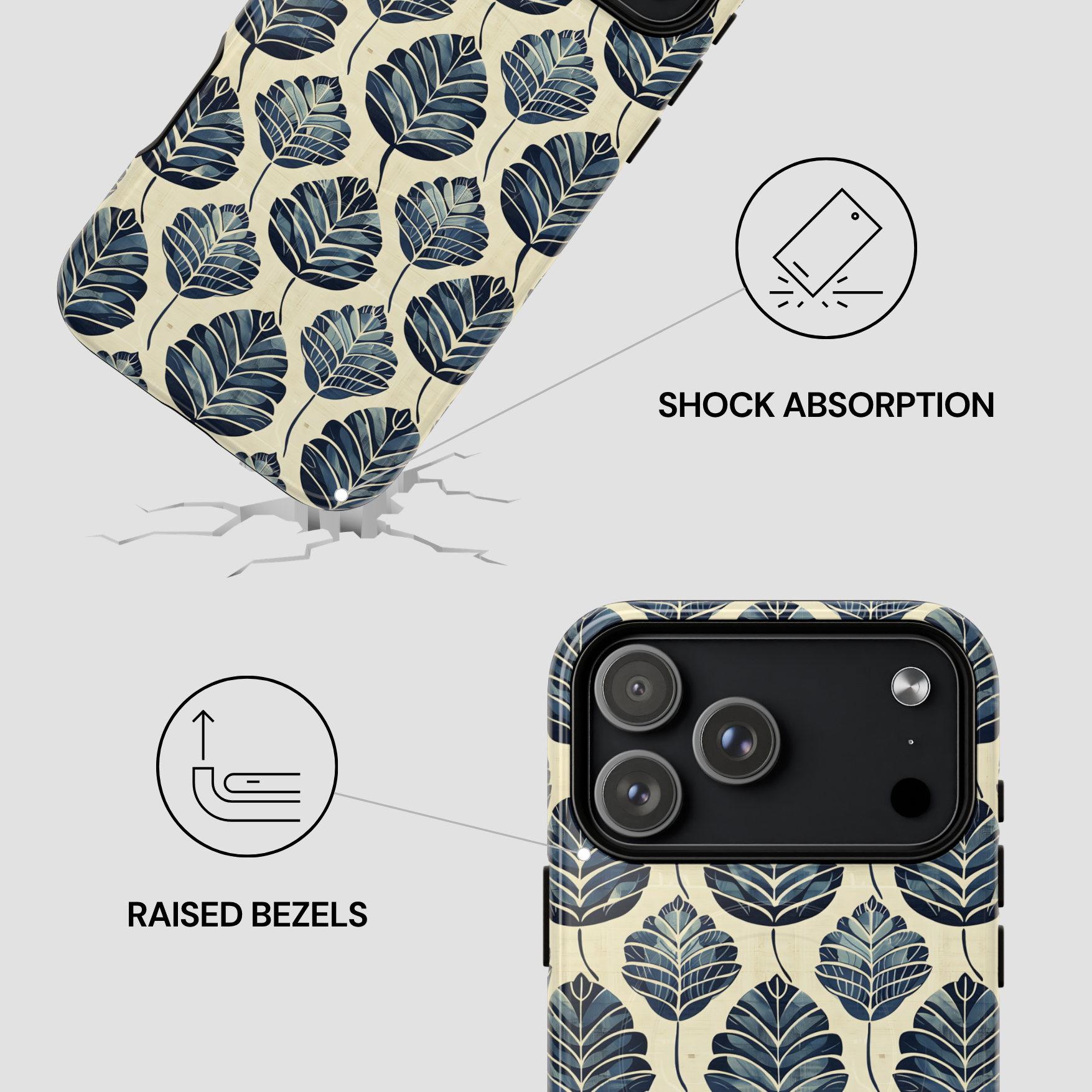 Phone case with leaf pattern and features highlighted on a white background