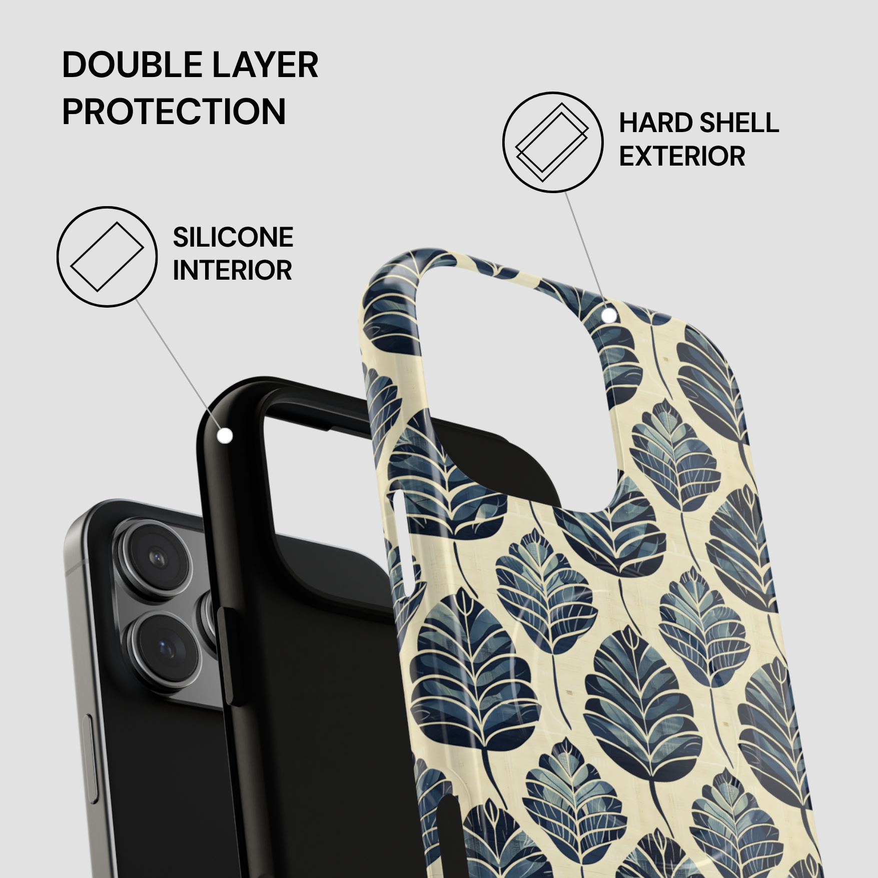 Phone case with leaf pattern and text highlighting double layer protection on a gray background