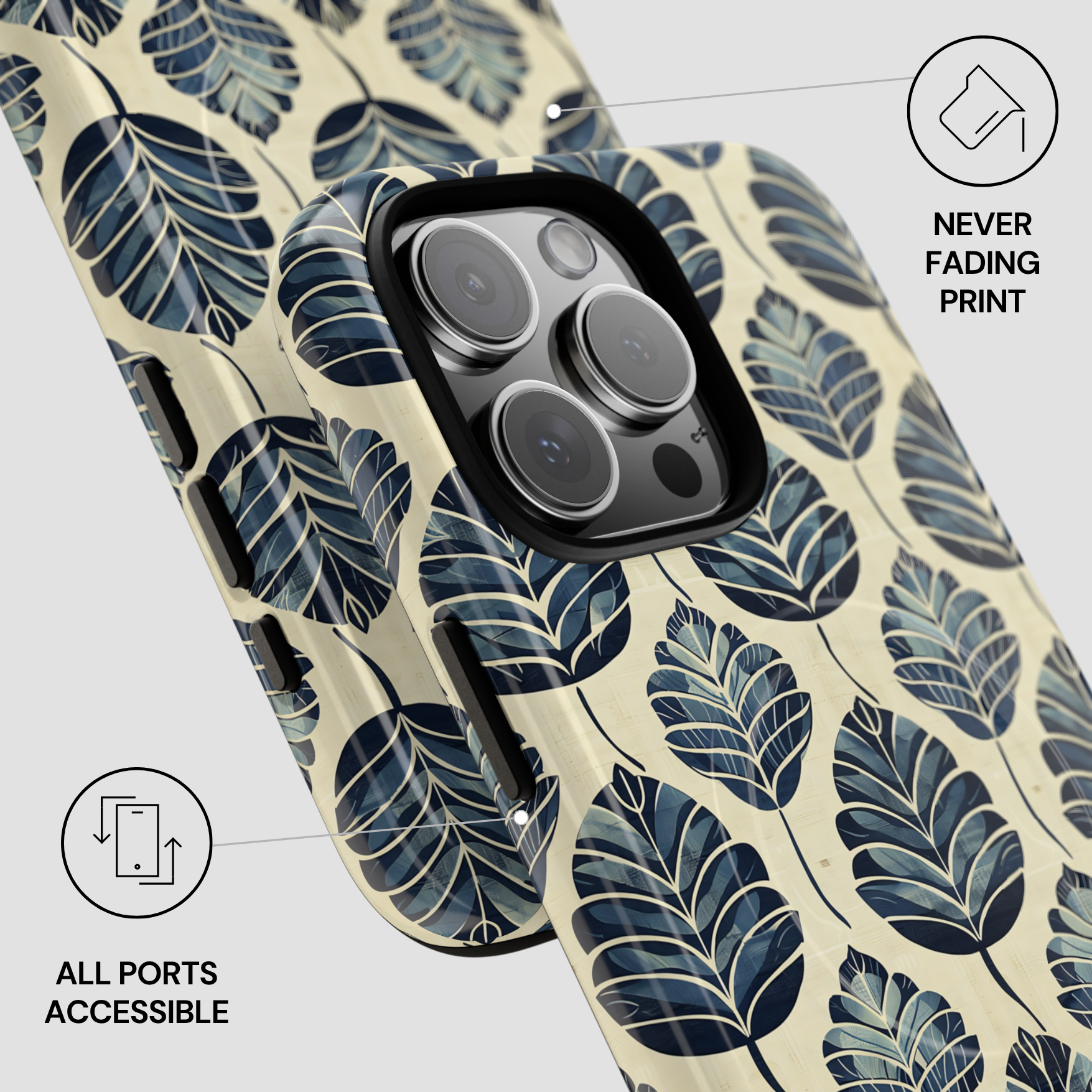 Phone case with leaf pattern and text indicating 'Never Fading Print' and 'All Ports Accessible'.