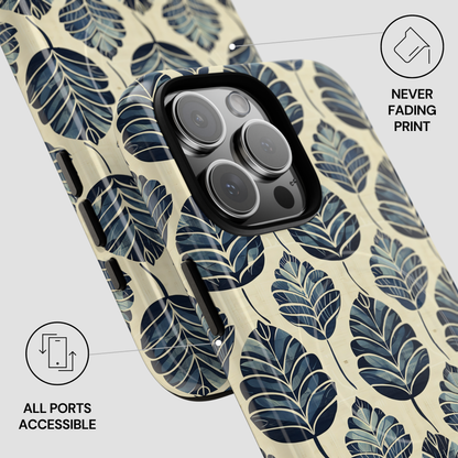 Phone case with leaf pattern and text indicating 'Never Fading Print' and 'All Ports Accessible'.