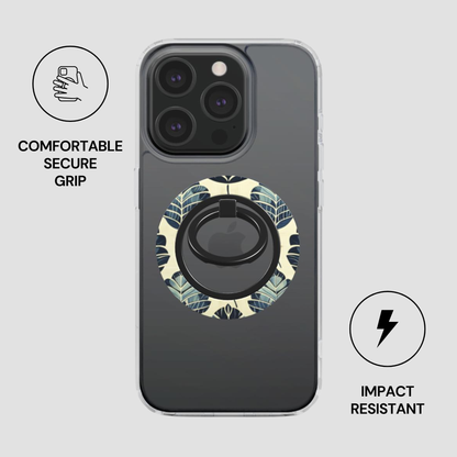 Phone case with ring holder and text about comfort, security, and impact resistance on a light gray background