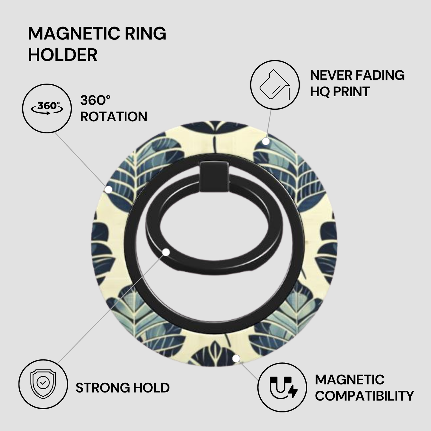 Magnetic ring holder with leaf pattern on a light gray background