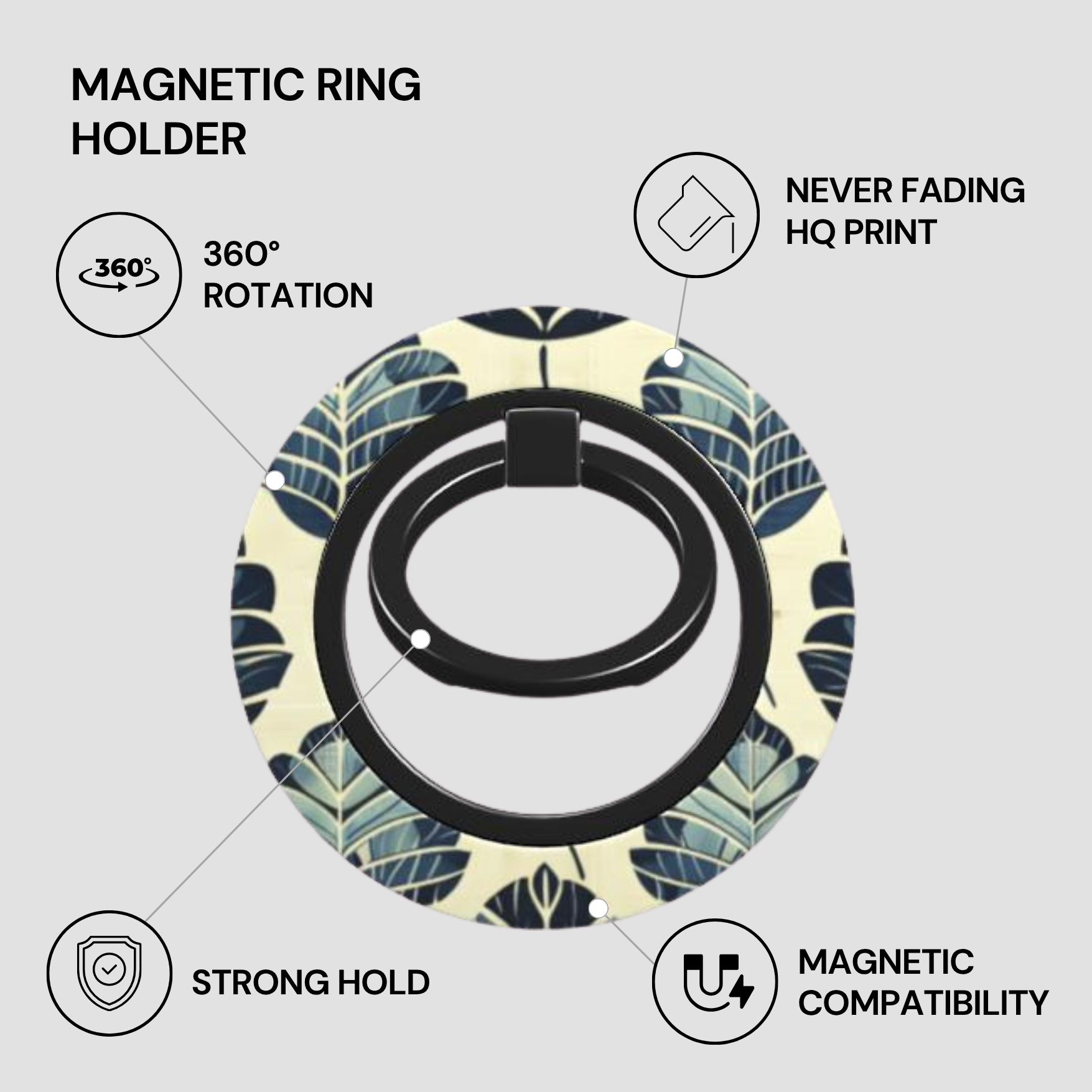 Magnetic ring holder with leaf pattern on a light gray background