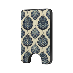 Indigo Leaf Magnetic Wallet with blue botanical leaf pattern on a soft cream background