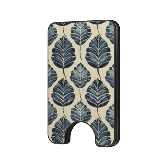 Indigo Leaf Magnetic Wallet with blue botanical leaf pattern on a soft cream background