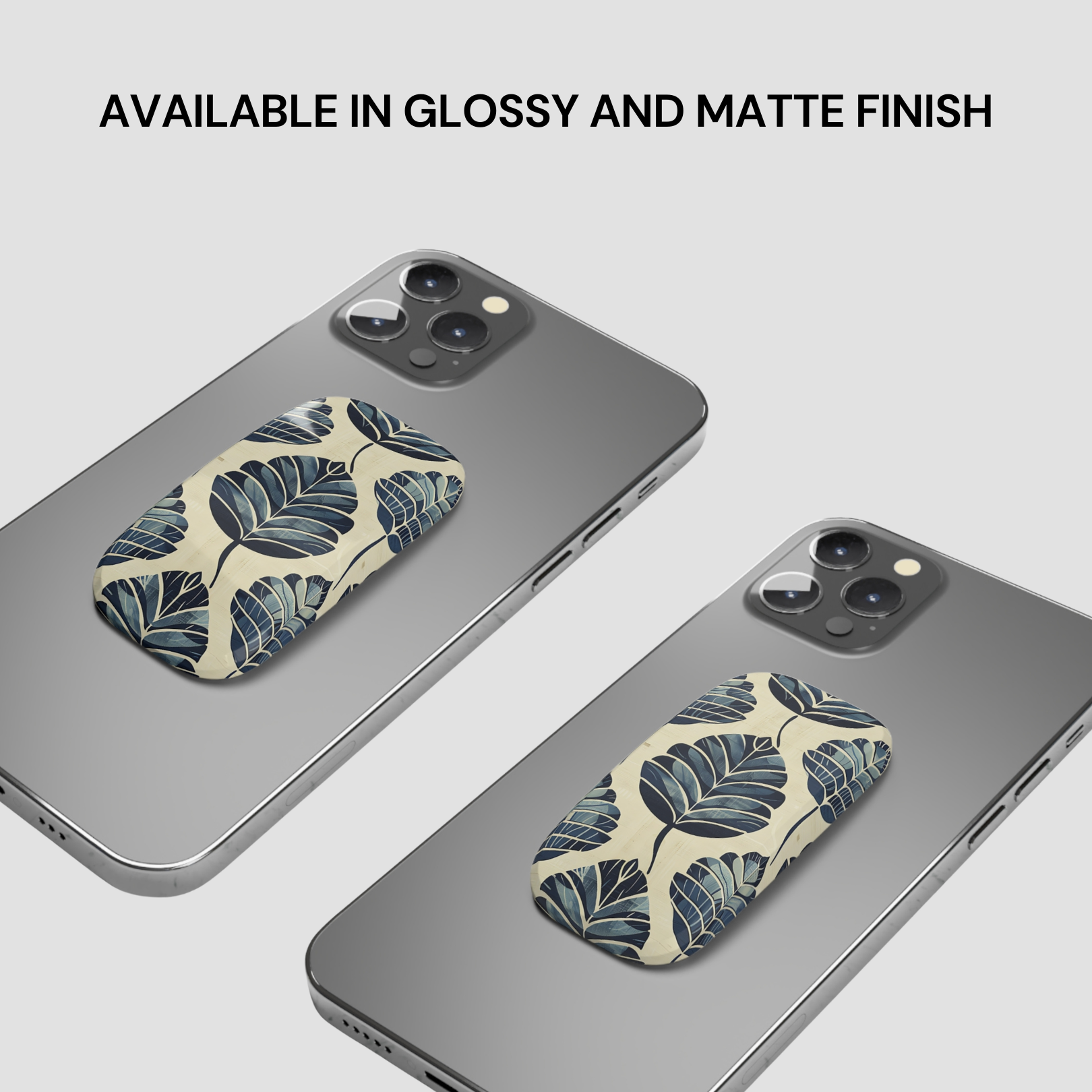 Two phone cases with a pattern on a gray background, text indicating finish options.
