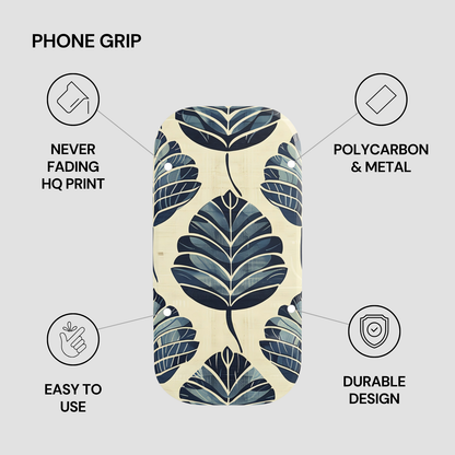 Phone grip with leaf pattern and feature text on a gray background