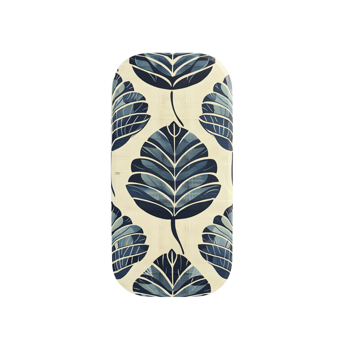 Phone case with blue leaf pattern on a white background