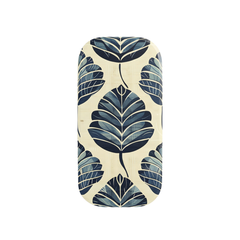 Phone case with blue leaf pattern on a white background