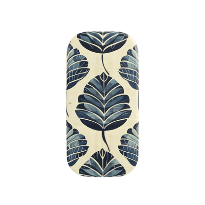 Phone case with blue leaf pattern on a white background