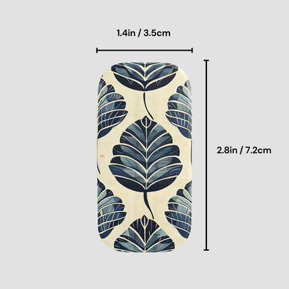 Phone case with leaf pattern and measurements on a gray background