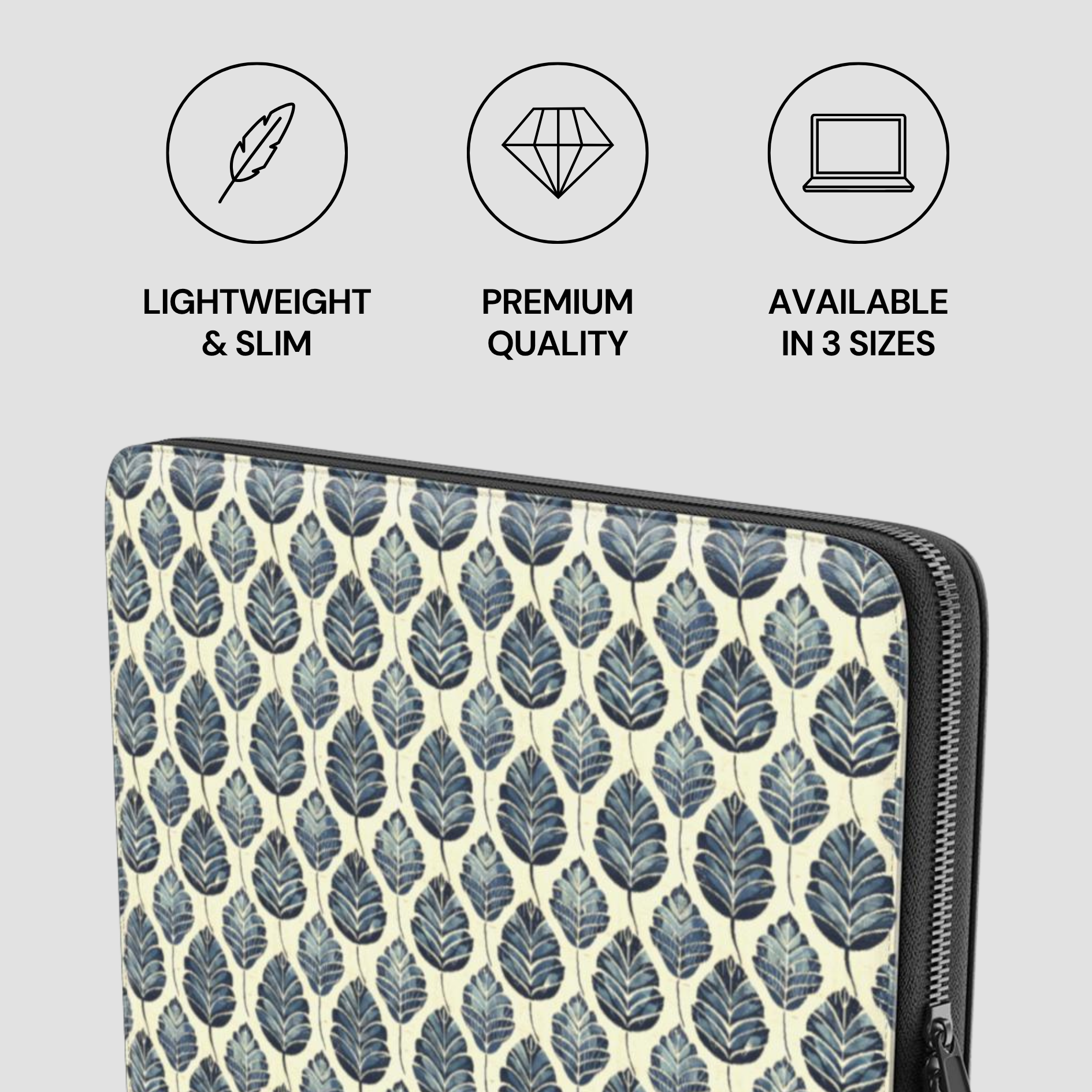 Laptop sleeve with leaf pattern and product features on a light gray background