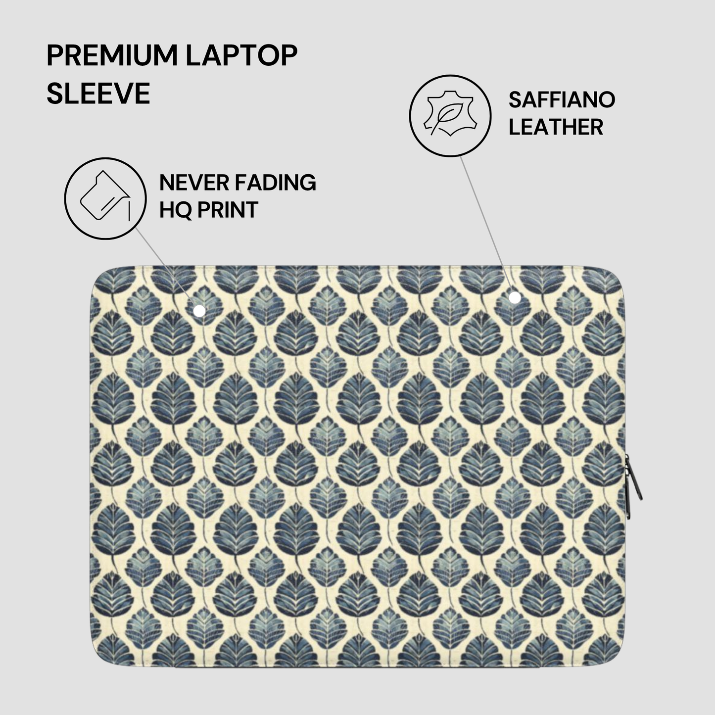 Laptop sleeve with leaf pattern and text highlighting features on a gray background