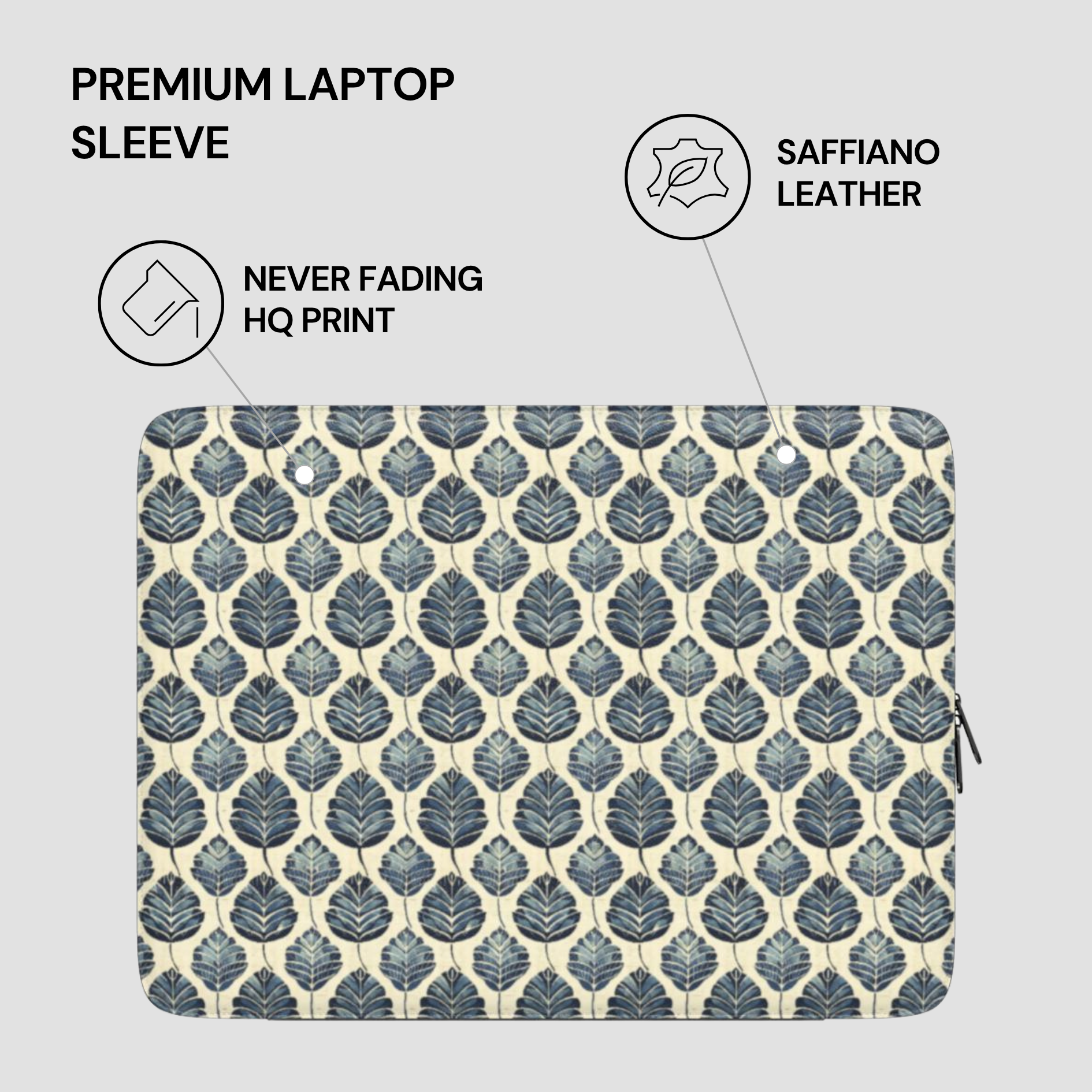 Laptop sleeve with leaf pattern and text highlighting features on a gray background